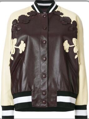 Valentino Maroon and Green Leather Floral Appliqué Varsity Jacket